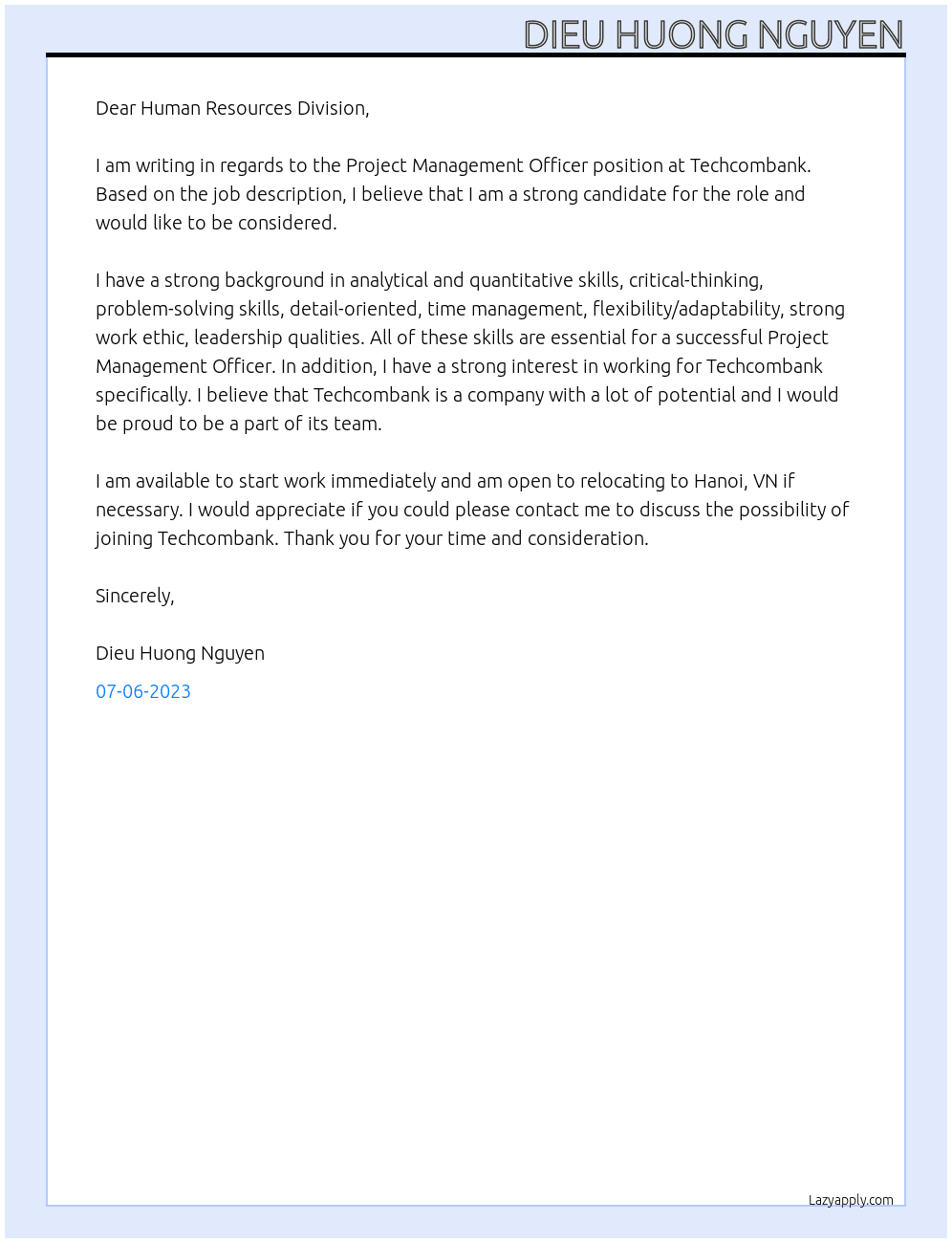 Project Management Officer At Techcombank Cover Letter