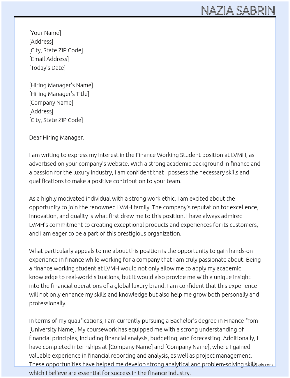 finance working student  At LVMH Cover Letter