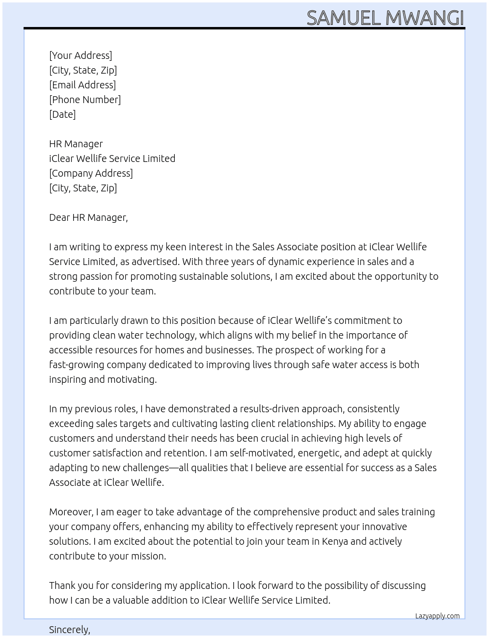 SALES ASSOCIATE At iClear Wellife Service Limited Cover Letter