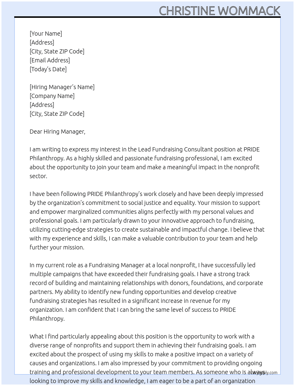 Lead Fundraising Consultant At PRIDE Philanthropy Cover Letter