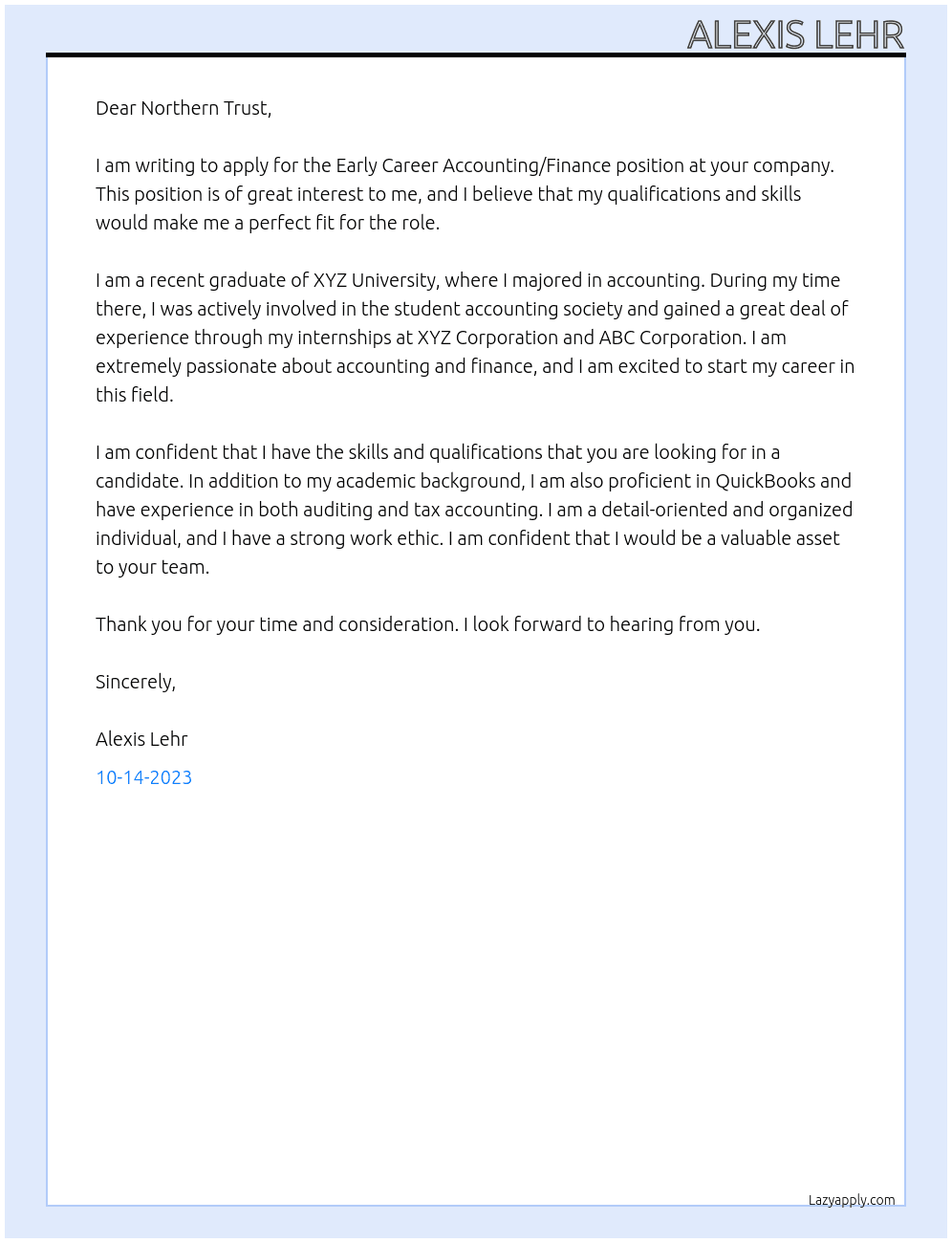 Early Career Accounting/Finance At Northern Trust Cover Letter