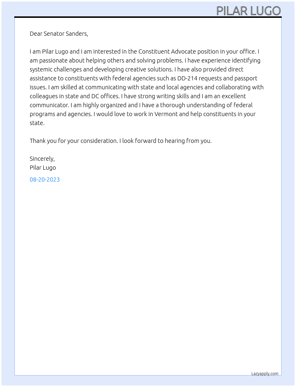 Constituent Advocate At Senator Sanders Cover Letter