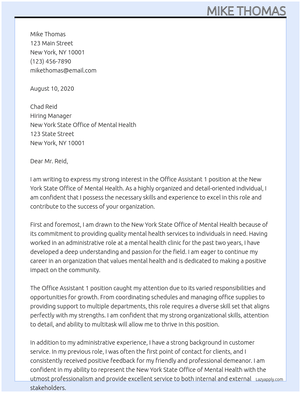 Office Assistant 1 At New York State Office of Mental Health Cover Letter