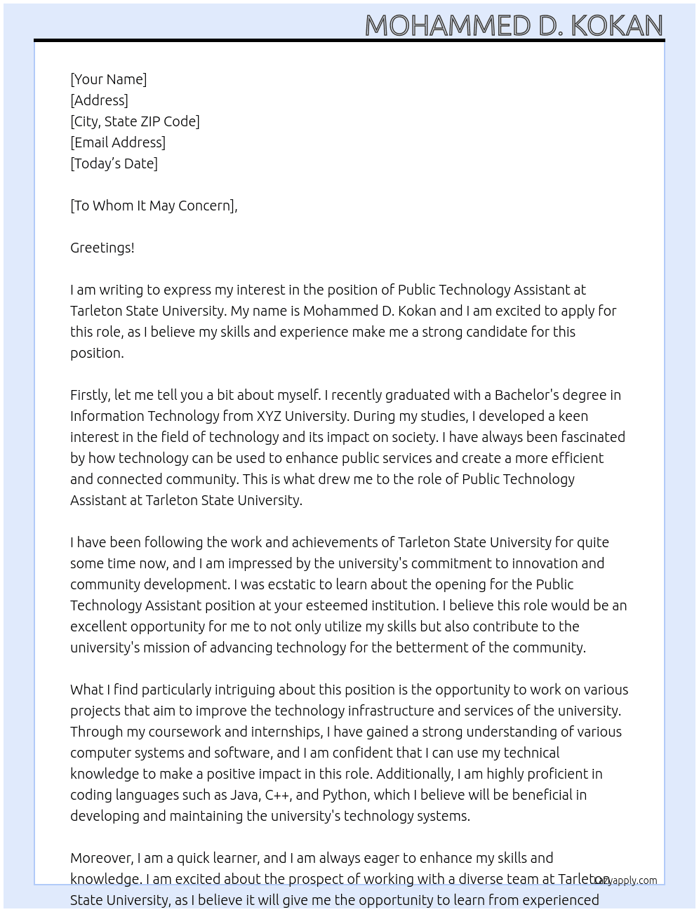 Public Technology Assistant At Tarleton State University Cover Letter