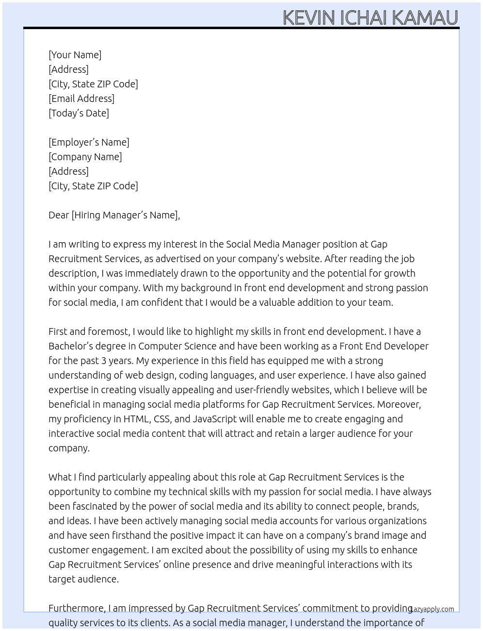 Social media manager At Gap Recruitment Services Cover Letter