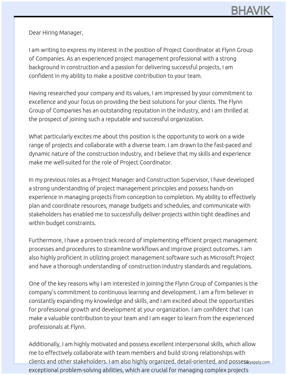 Project Coordinator At Flynn group of companies Cover Letter