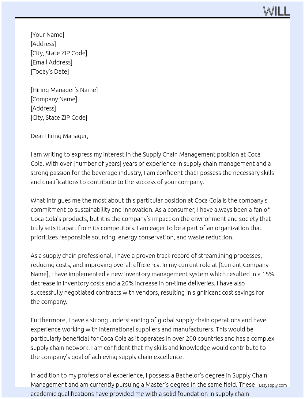 Supply chain management At Cocoa cola Cover Letter