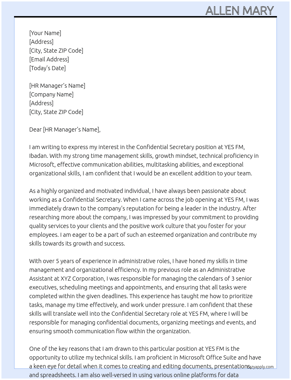 Confidential secretary  At YES FM, Ibadan  Cover Letter