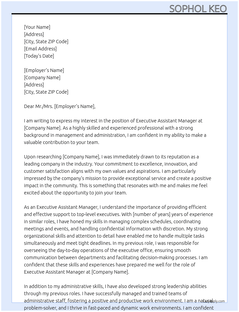 Executive Assistant Manager At NA Cover Letter