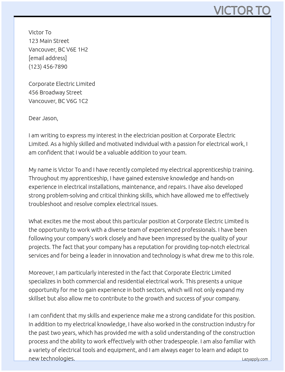 electrician  At Corporate Electric Limited Cover Letter