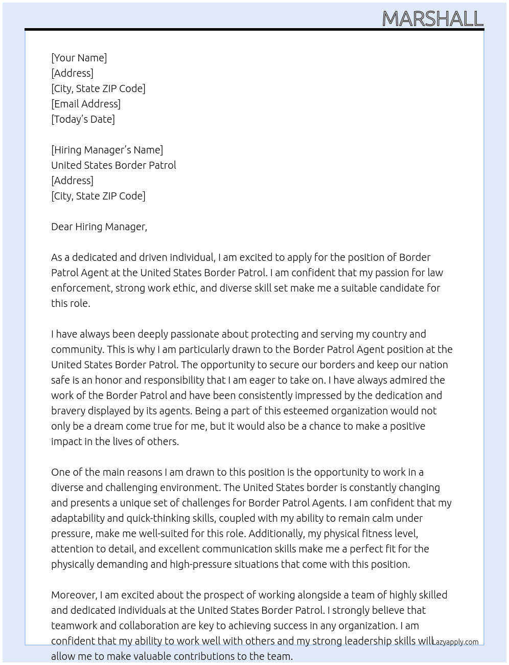 Border Patrol Agent At United States Border Patrol Cover Letter