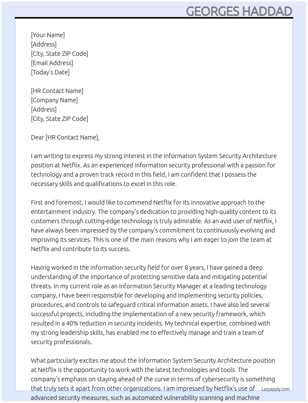 Information System security architecture At netlix Cover Letter