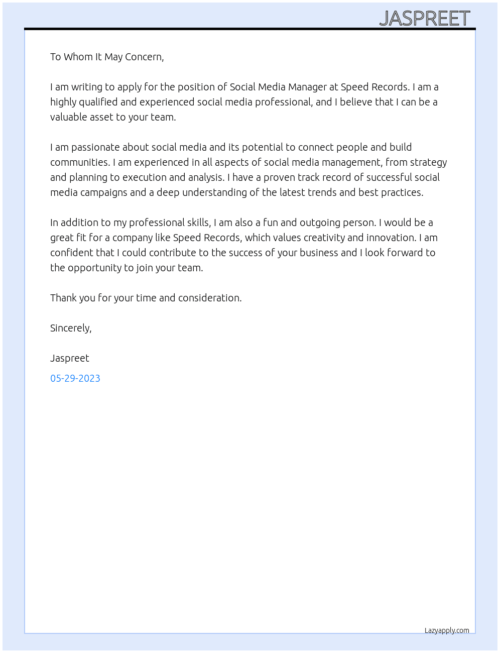 social media manager At Speed Records Cover Letter