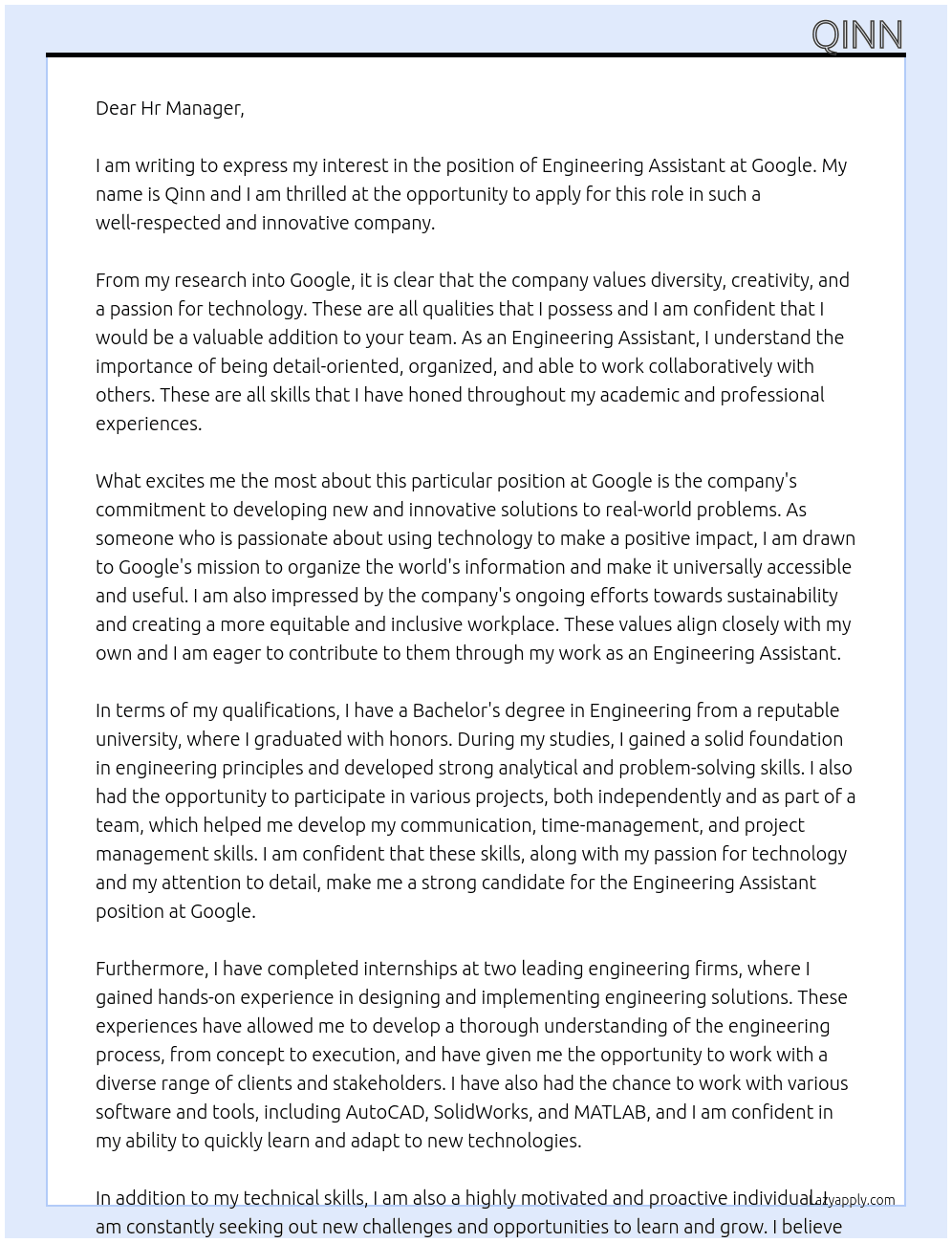 Engineering assistant  At Google Cover Letter