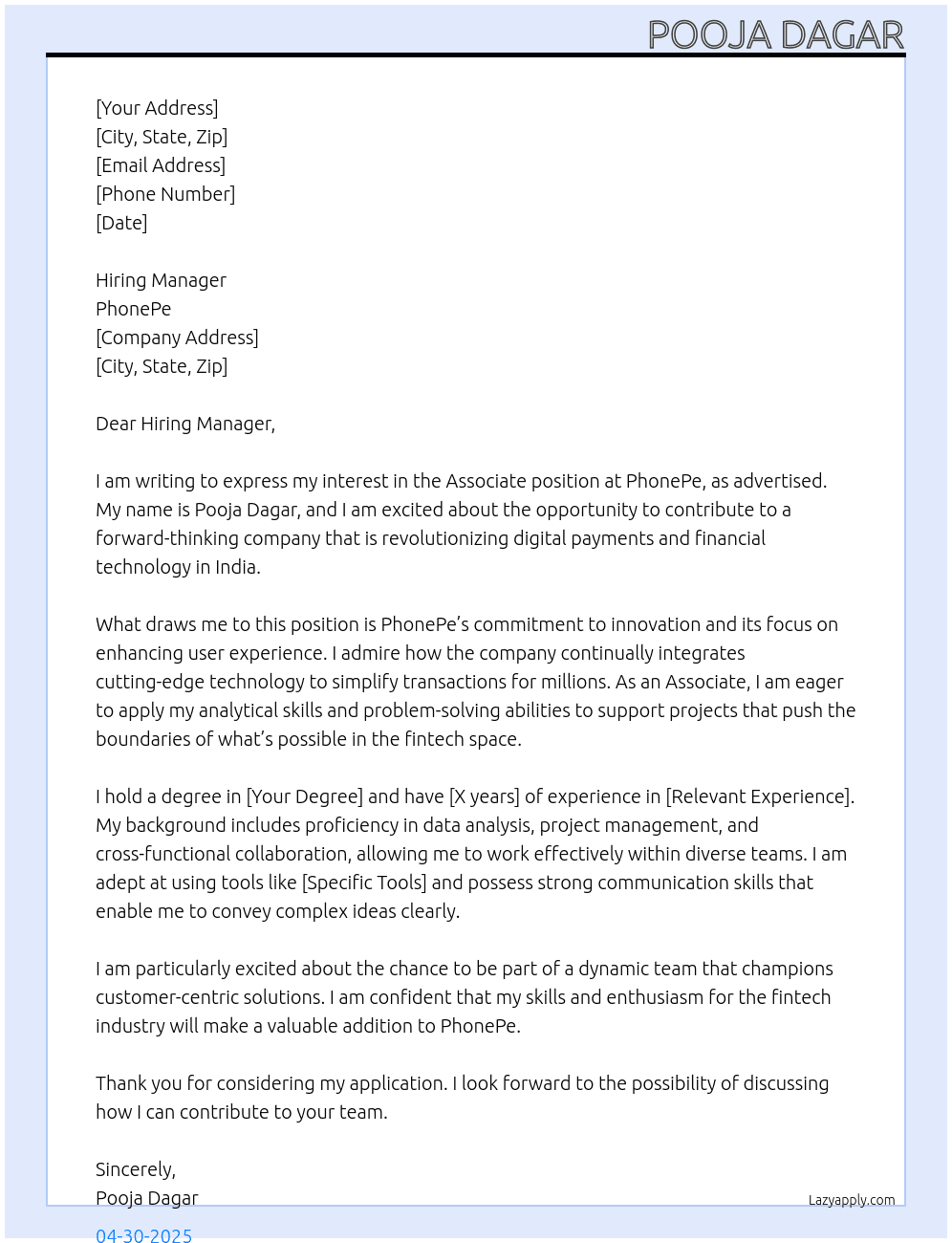 Associate At Phonepe Cover Letter