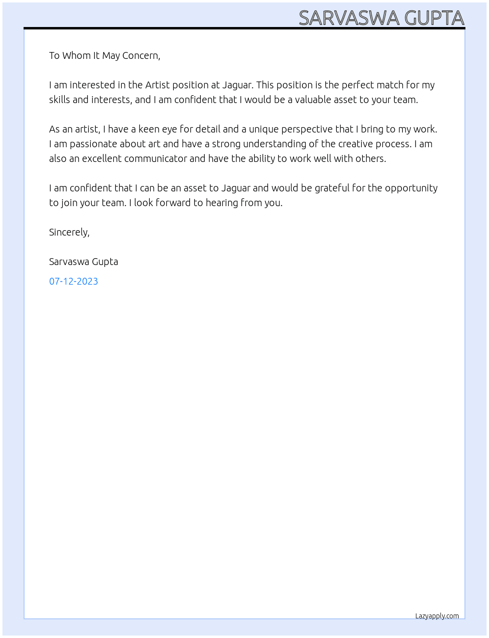 Artist At Jaguar Cover Letter