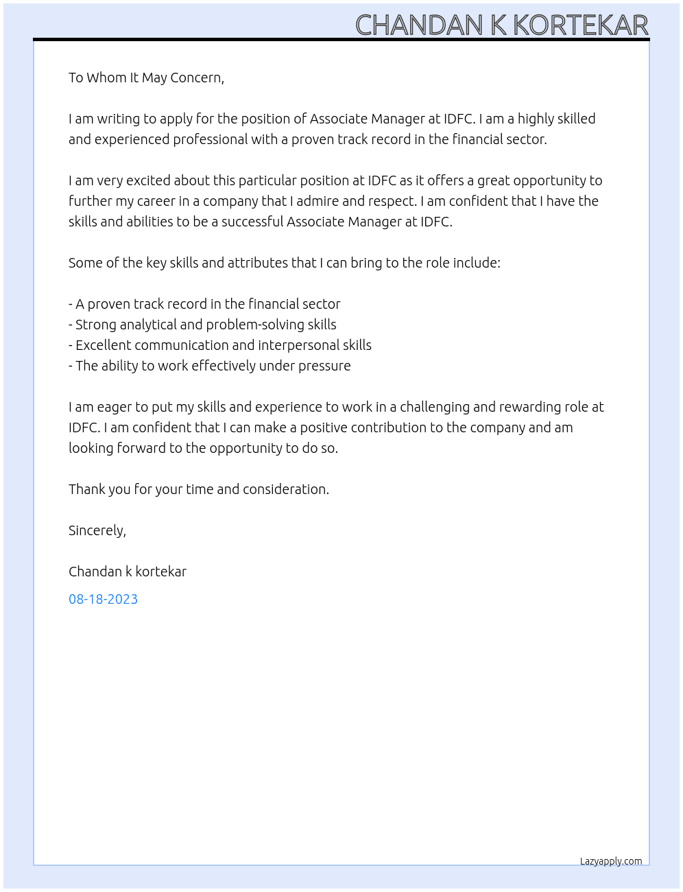 Associate Manager At IDFC Cover Letter