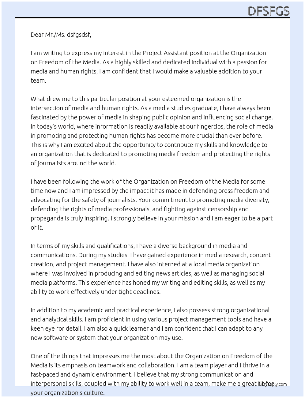 Project Assistant At Organization on Freedom of the Media Cover Letter