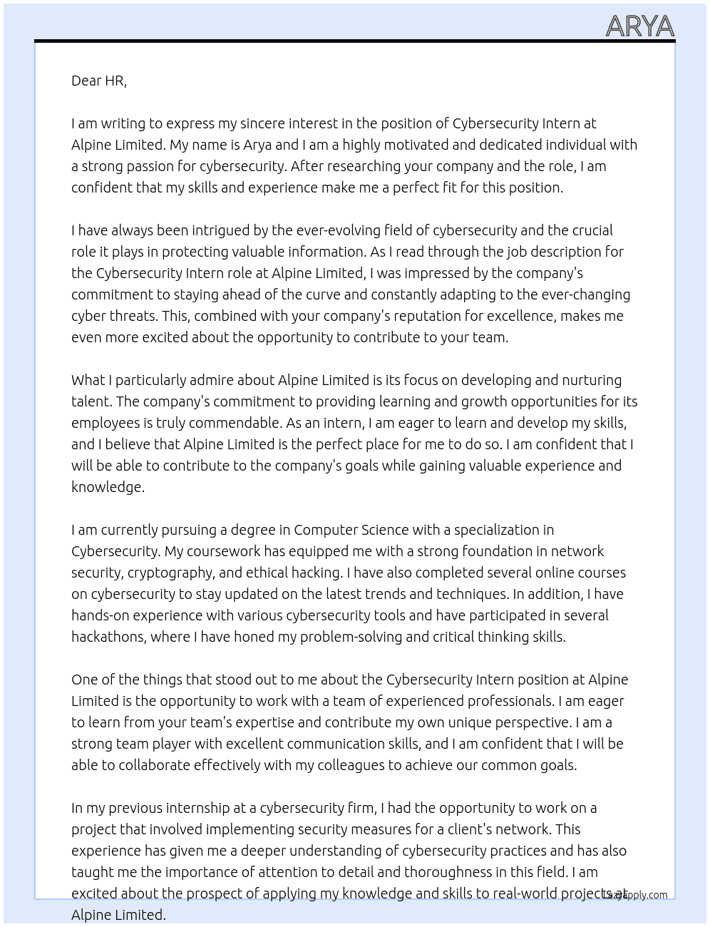 cybersecurity intern At Alpine limited Cover Letter