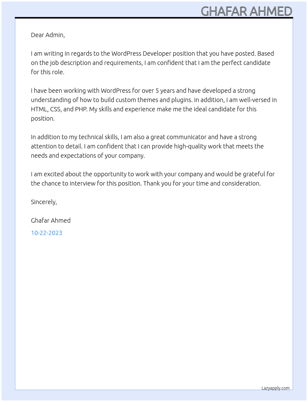 wordpress developer  At Ghafar Ahmed Cover Letter