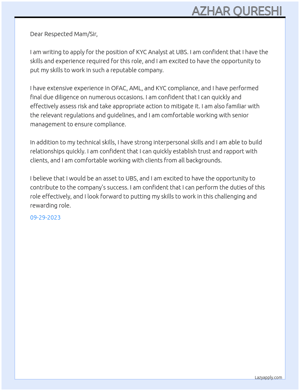 KYC Analyst  At UBS  Cover Letter