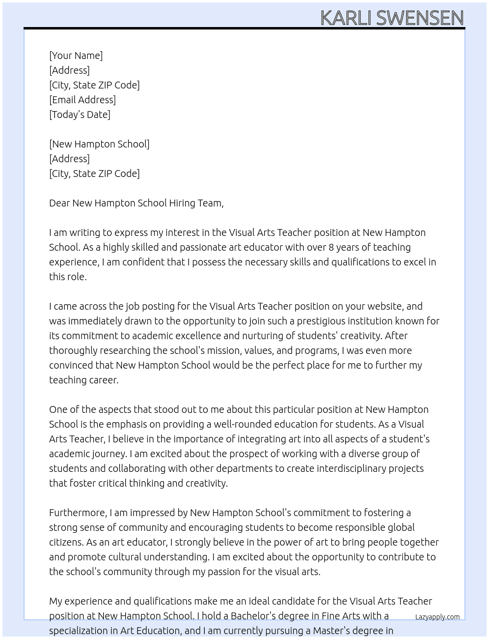 Visual Arts Teacher At New Hampton School Cover Letter