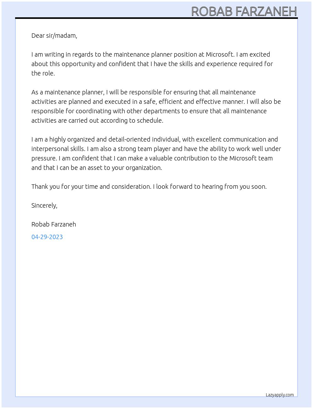 maintenance planner At Microsoft  Cover Letter