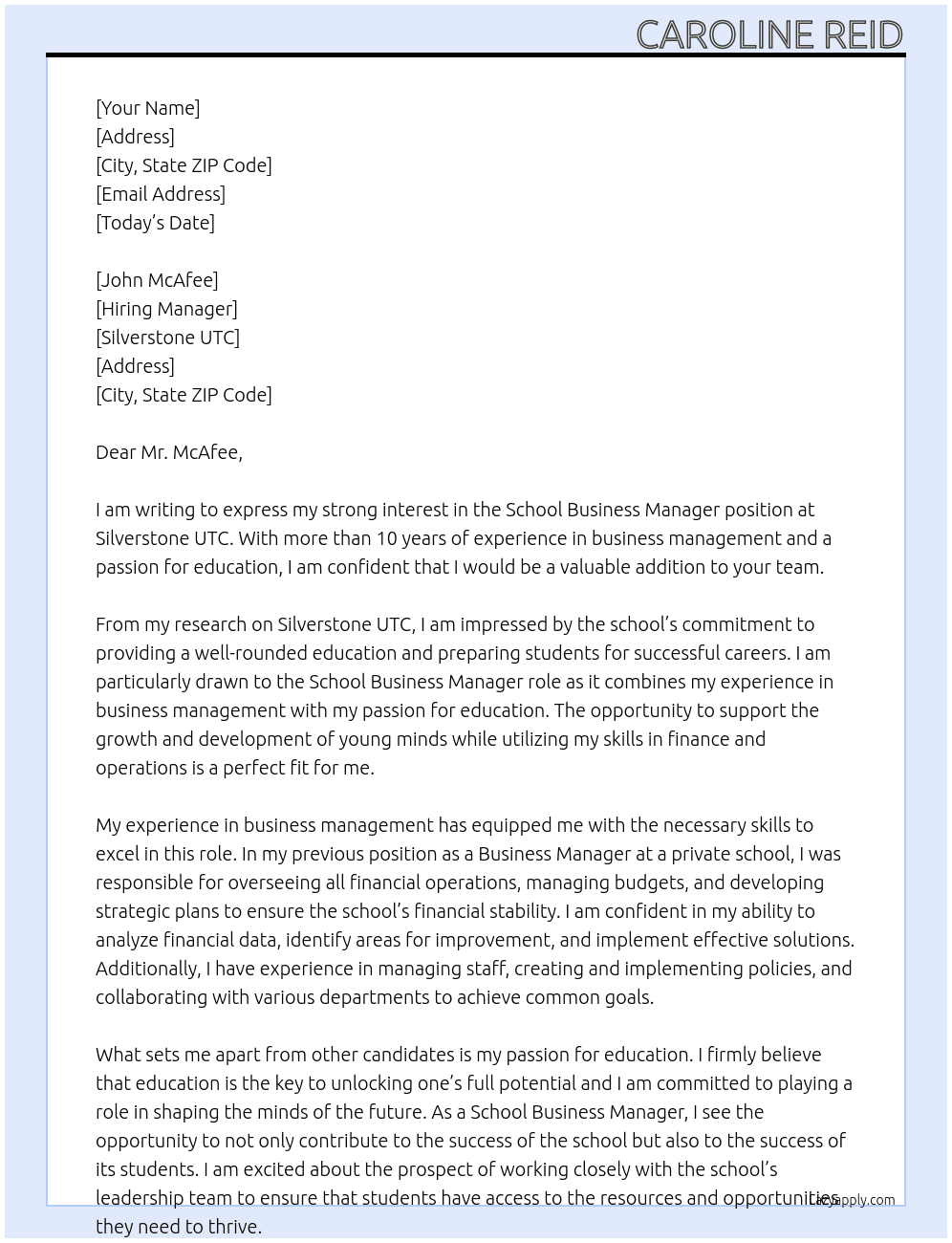 School Business Manager At Silverstone UTC Cover Letter