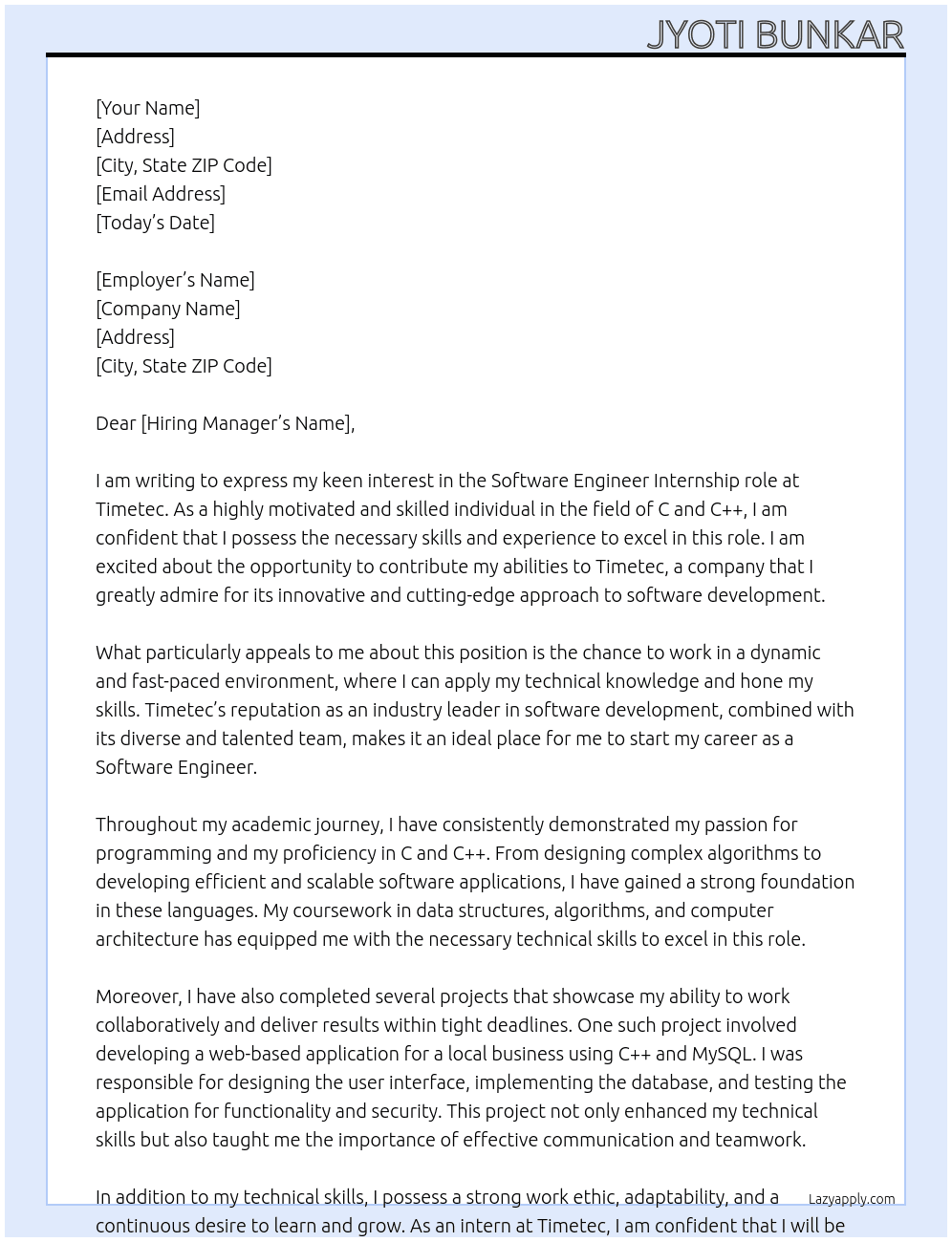 Software engineer  At Timetec Cover Letter
