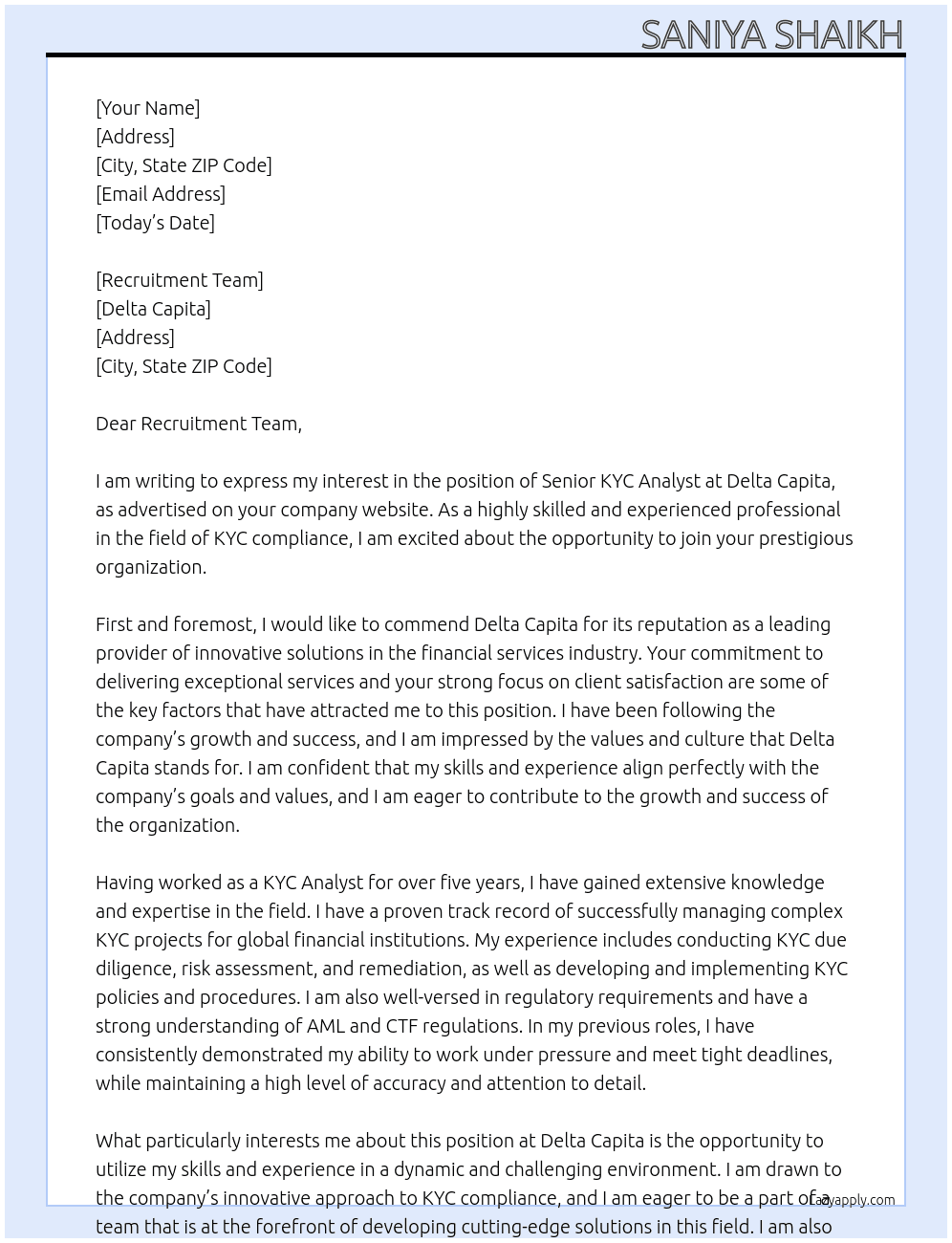Senior KYC Analyst At Delta Capita Cover Letter