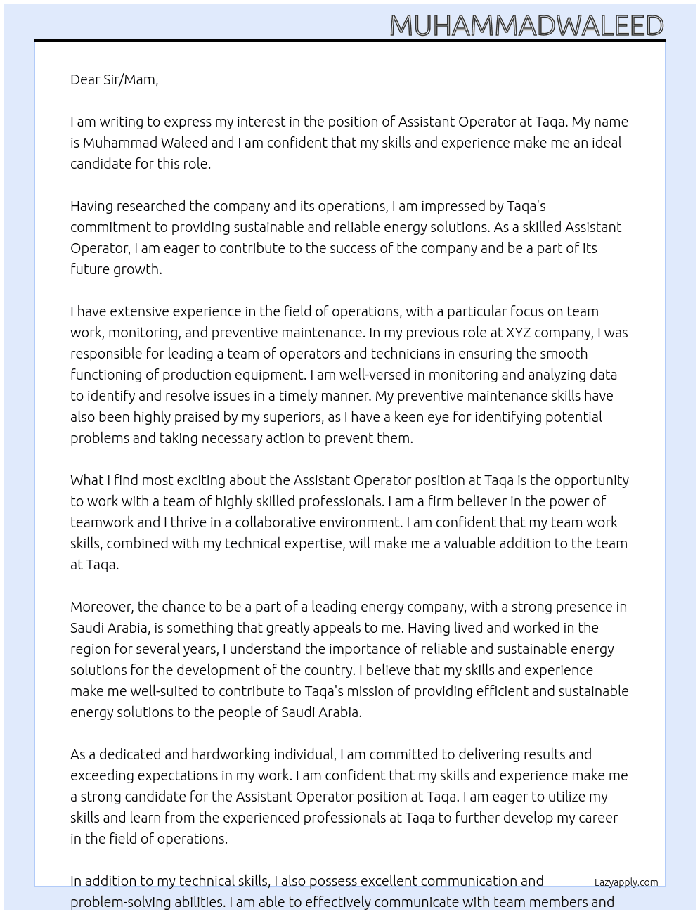 Assistant Operator At Taqa Cover Letter