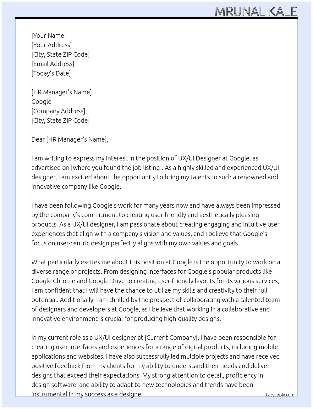UX/UI Designer At Google Cover Letter