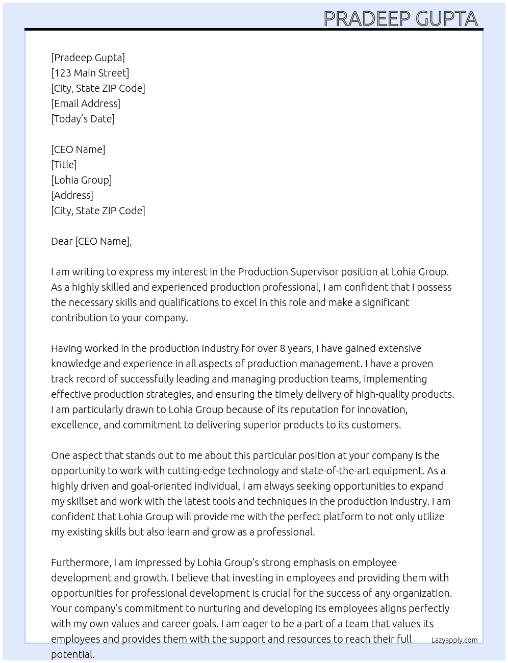 Production supervisor  At Lohia group  Cover Letter