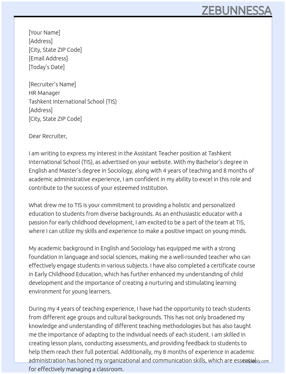 Assistant Teacher At Tashkent International School (TIS) Cover Letter