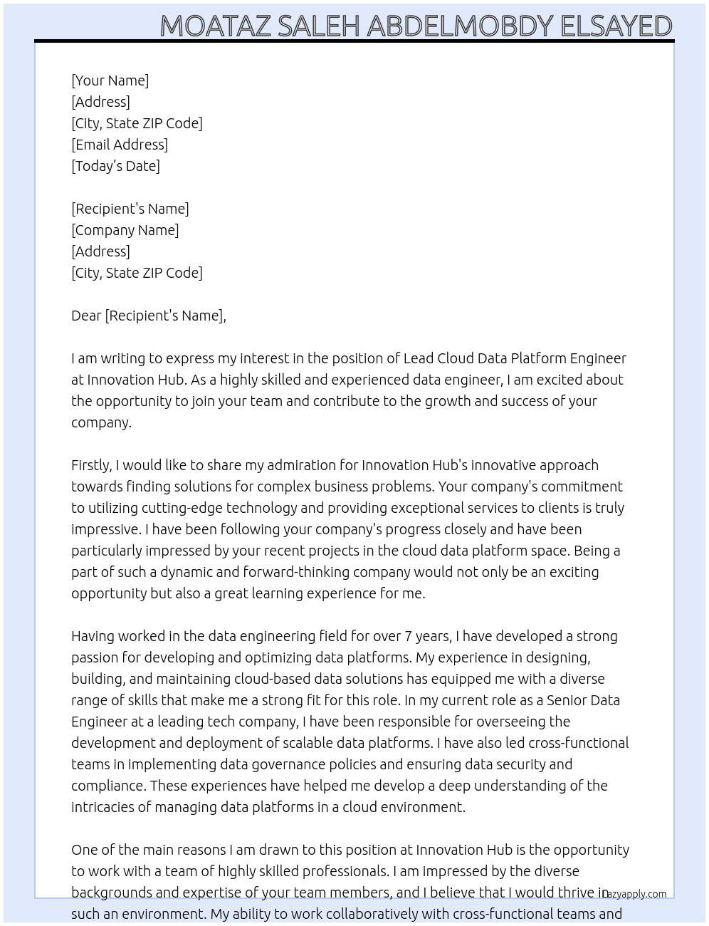 ead Cloud Data Platform Engineer At Innovation Hub Cover Letter