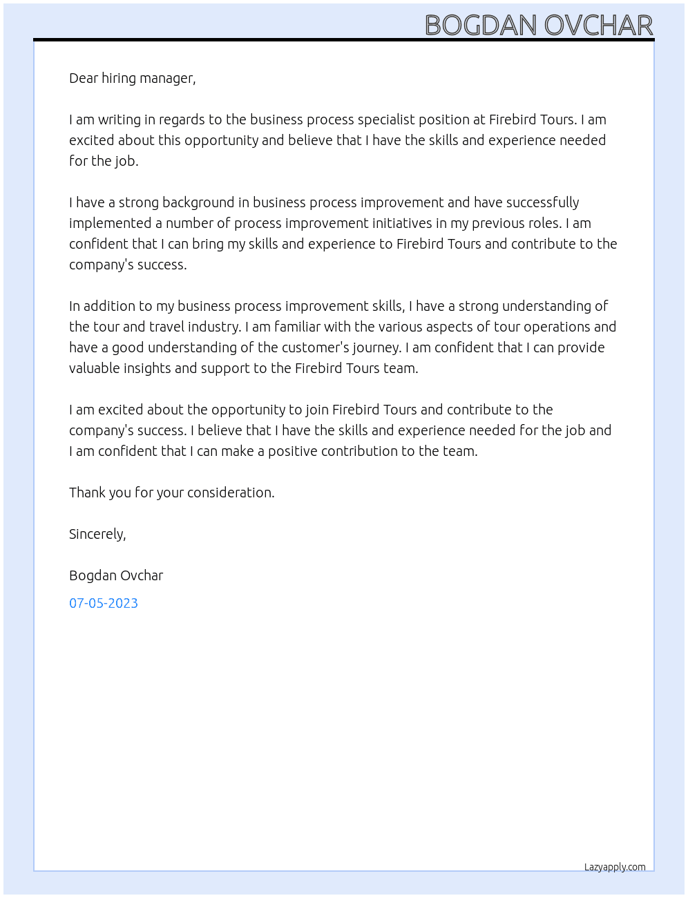 Business process specialist At Firebird Tours Cover Letter