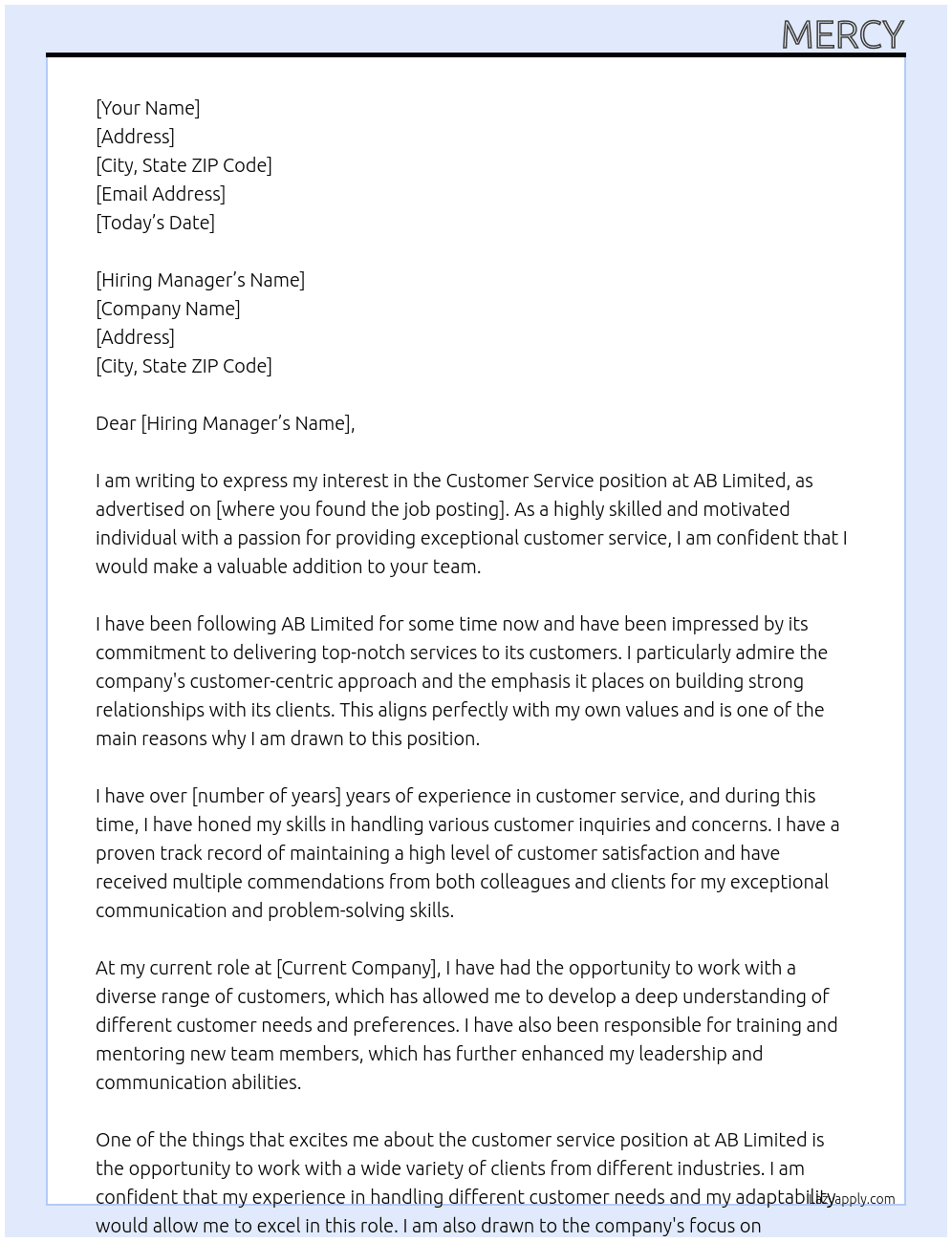 customer service At ab limited Cover Letter