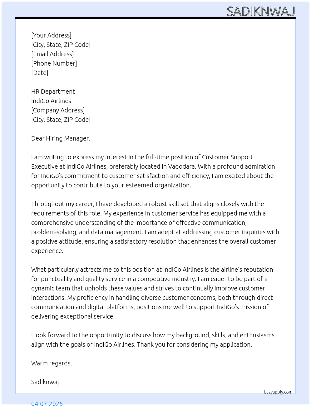 Cover letter for ex.custumer support executive - LazyApply