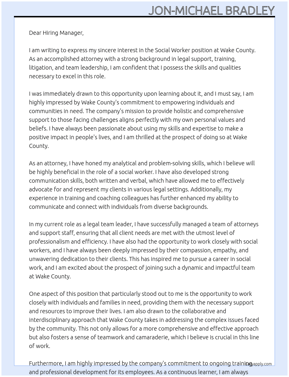 Social Worker At Wake County  Cover Letter
