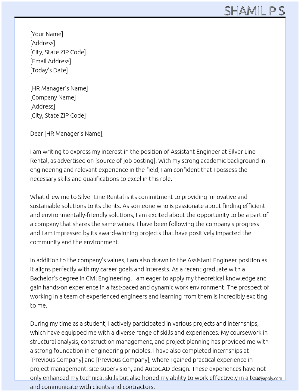 Assistant engineer At silver line rental Cover Letter