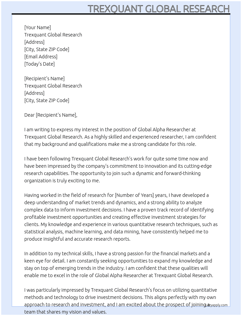 Global Alpha Researcher At Trexquant Global Research Cover Letter