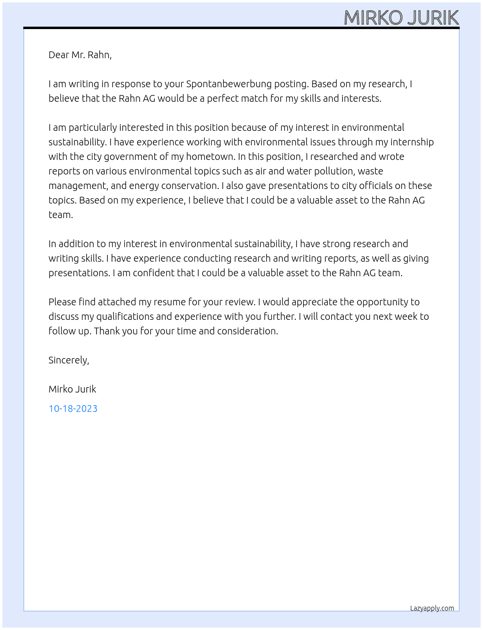 Spontanbewerbung At Rahn AG Cover Letter
