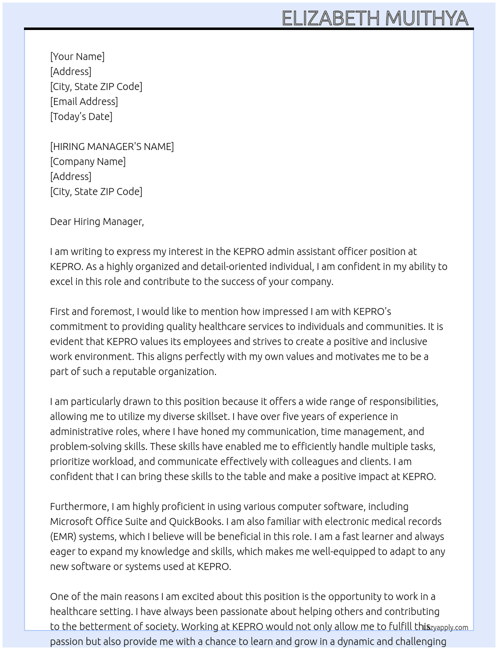 KEPRO admin assistant officer  At KEPRO  Cover Letter