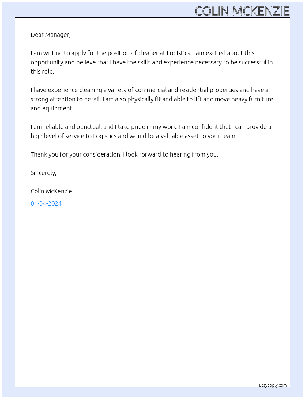 cleaner At ;ogistics Cover Letter