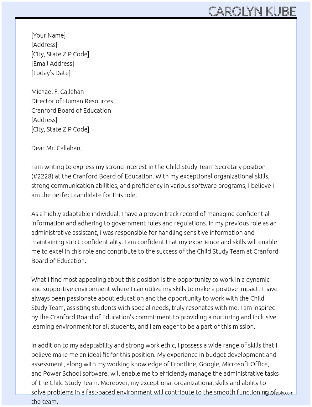  Child Study Team Secretary # 2228 At Cranford Board of Education Cover Letter