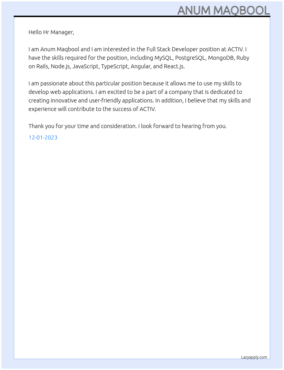Full Stack Developer At ACTIV Cover Letter