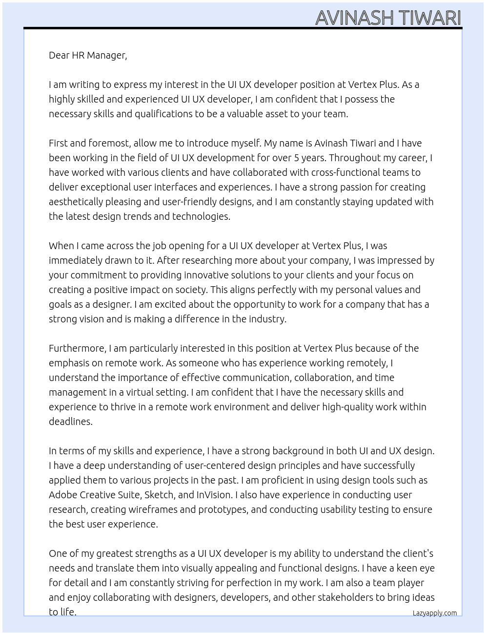 UI UX developer At vertex plus Cover Letter