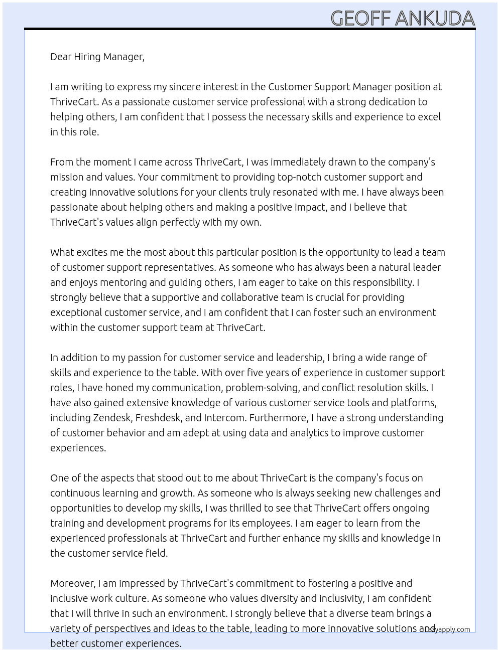 Customer Support Manager At ThriveCart Cover Letter