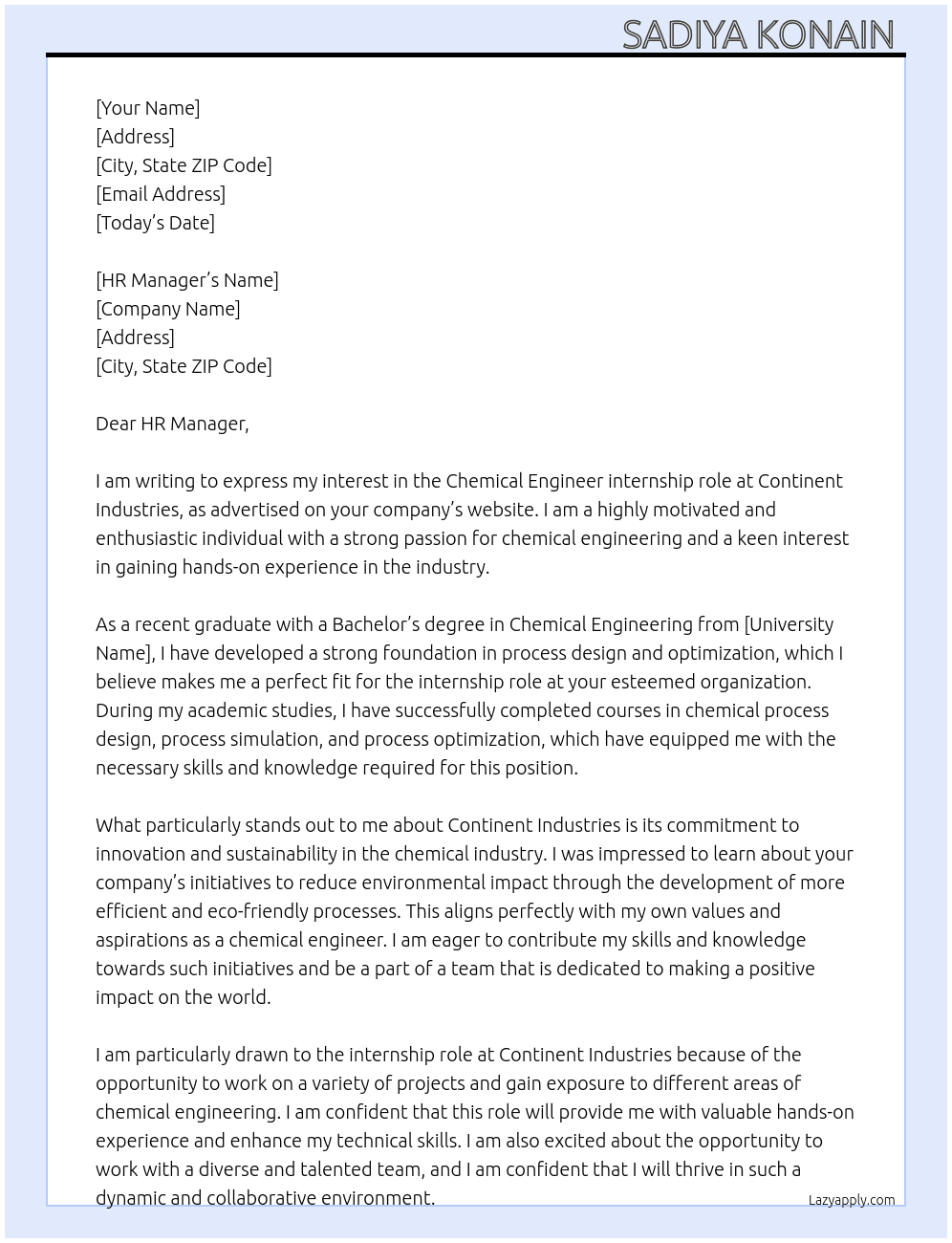 Chemical engineer  At Continent industries  Cover Letter