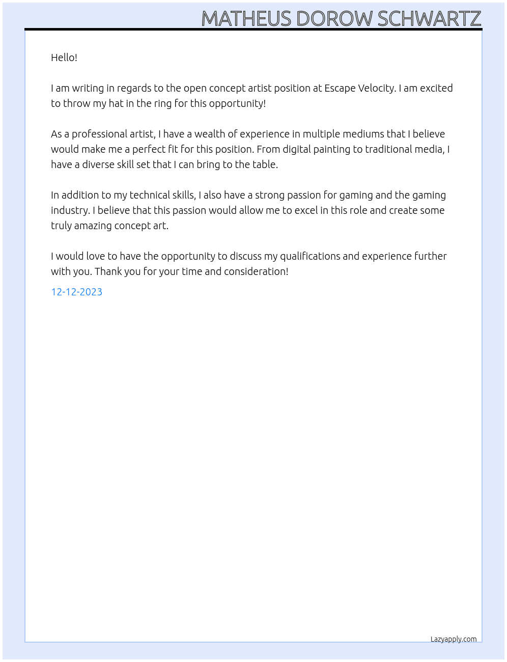 Concept Artist  At Escape Velocity Cover Letter
